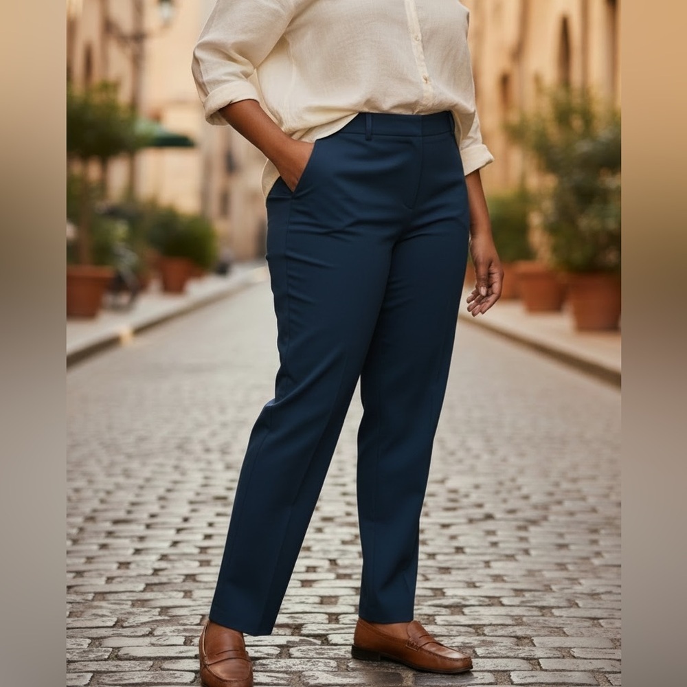 TALBOTS NAVY HERITAGE CLASSIC STRAIGHT LEG PANTS COTTON BLEND CASUAL PLUS SZ 14